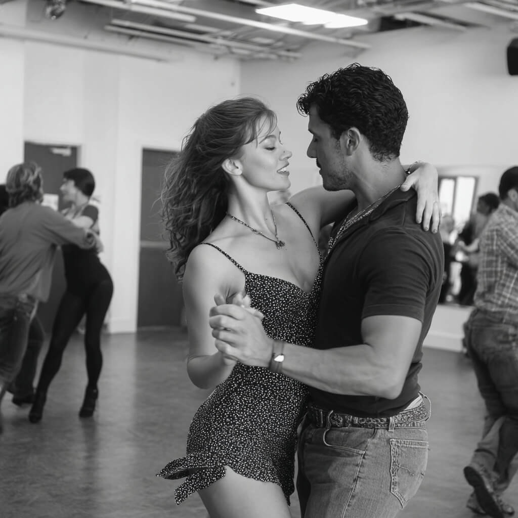 Bachata dance class - couples practicing sensual Latin moves in studio